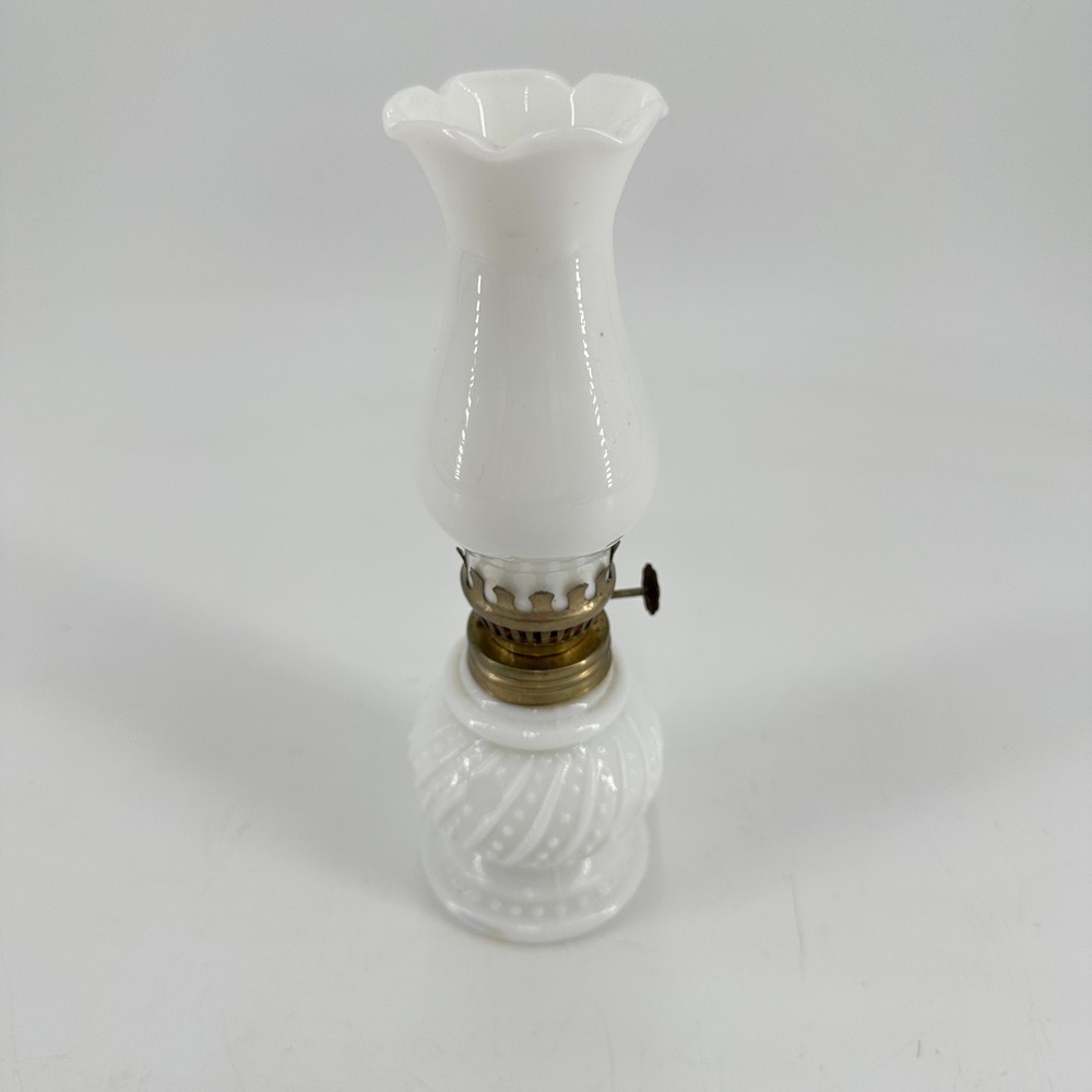 Vintage White Milk Glass Mini Oil Lamp Swirl Dot Pattern Ruffled Chimney